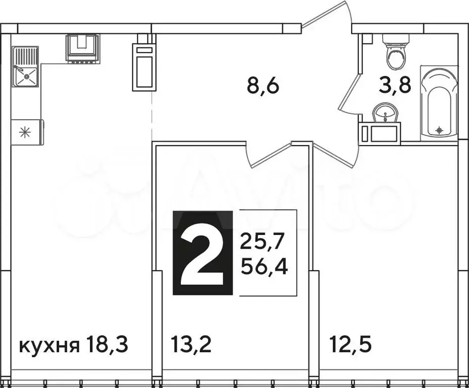 2-к. квартира, 56,4 м, 15/16 эт. - Фото 1