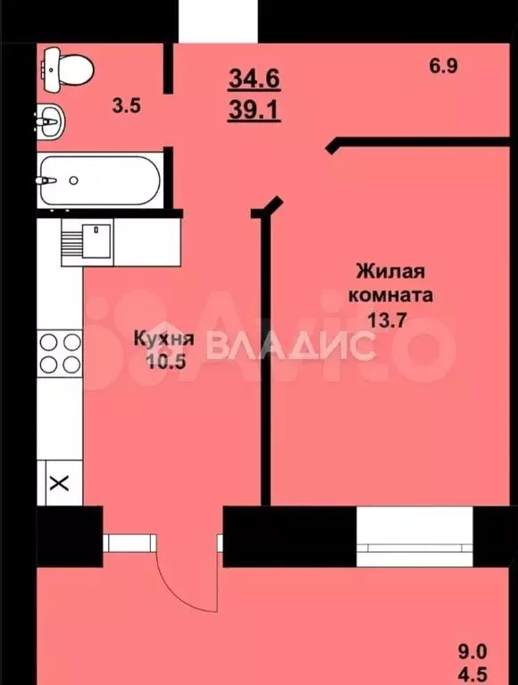 1-к. квартира, 39,1 м, 4/10 эт. - Фото 0