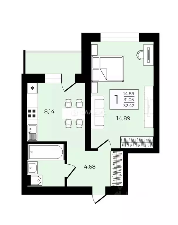 1-к кв. Воронежская область, Воронеж ул. Федора Тютчева, 95А (31.7 м) - Фото 2