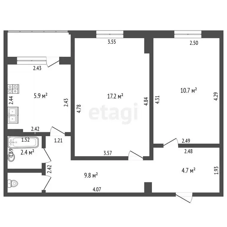 2-комнатная квартира: Стерлитамак, улица Гоголя, 130А (48.1 м) - Фото 1