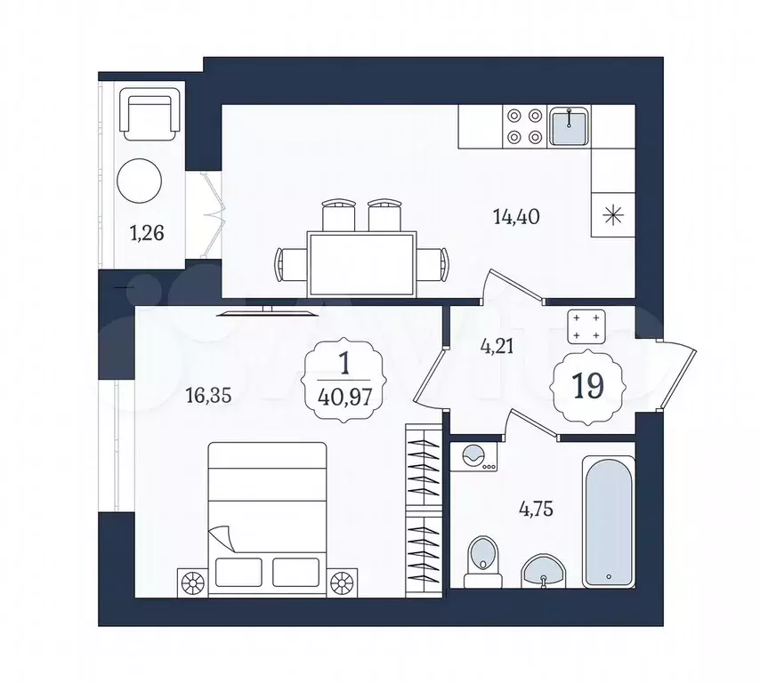 1-к. квартира, 41 м, 4/9 эт. - Фото 1