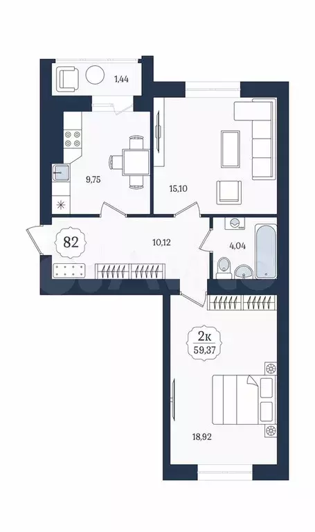 2-к. квартира, 59,4 м, 1/9 эт. - Фото 1