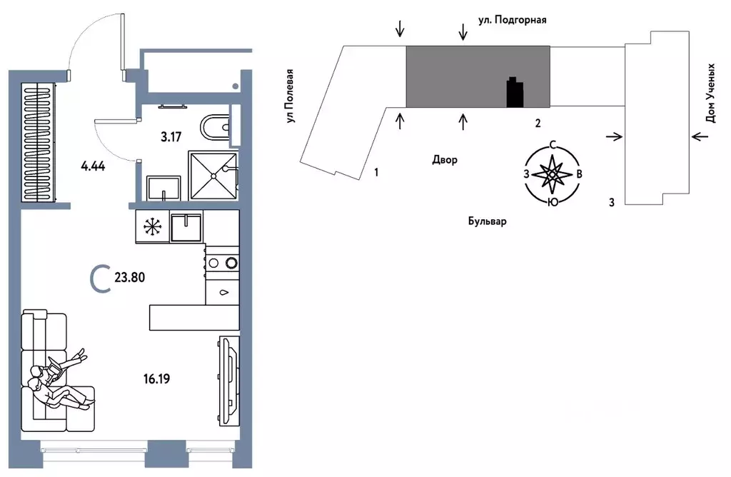 Студия Тюменская область, Тюмень Авторский жилой комплекс (23.8 м) - Фото 1