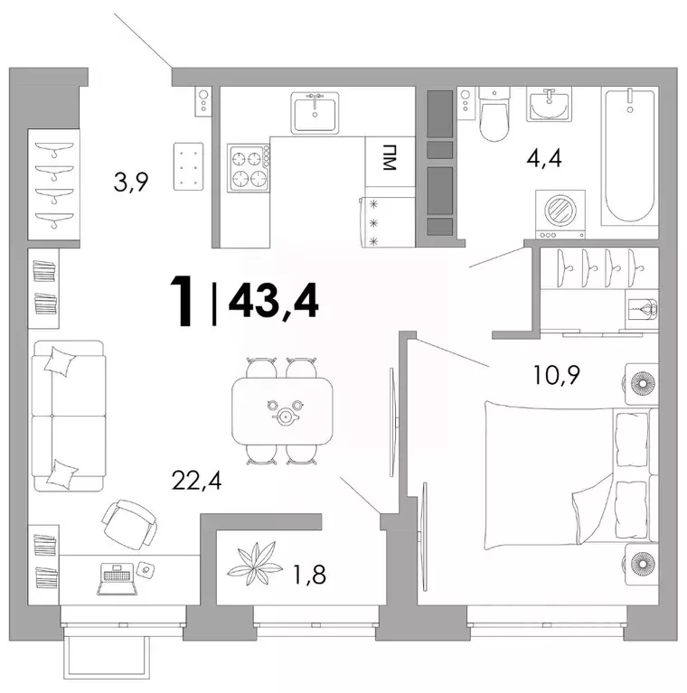 1-к кв. Владимирская область, Владимир Уно жилой комплекс (43.4 м) - Фото 0