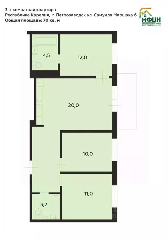 4-к кв. Карелия, Петрозаводск ул. Самуила Маршака, 6 (70.0 м) - Фото 1