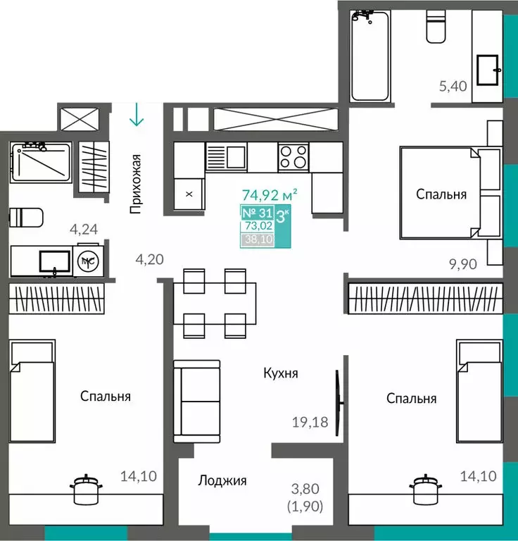 3-комнатная квартира: Севастополь, ЖК Видный (73.02 м) - Фото 1