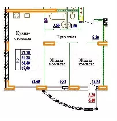 2-к. квартира, 67,6м, 1/14эт. - Фото 1