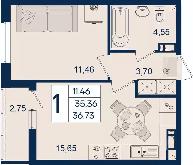 1-к кв. Краснодарский край, Краснодар  (36.73 м) - Фото 1