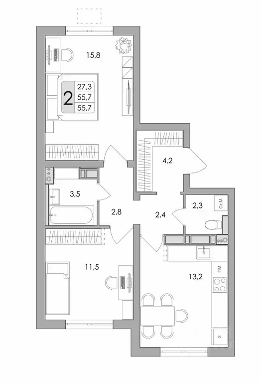 2-к кв. Воронежская область, Воронеж ул. Шишкова, 140Б/16 (55.7 м) - Фото 0