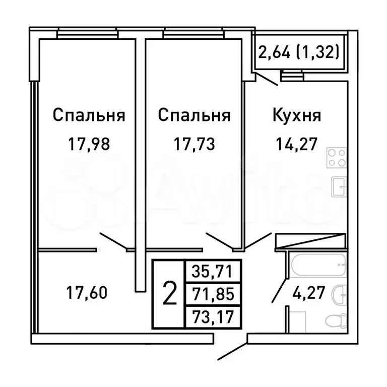 2-к. квартира, 73,2 м, 24/25 эт. - Фото 0