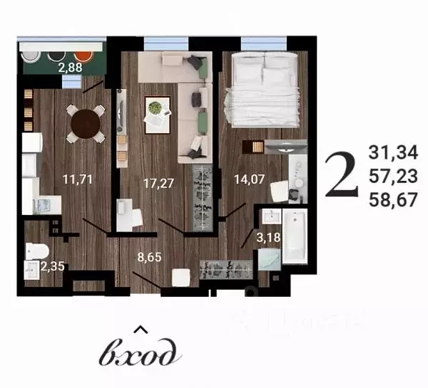 2-к кв. Воронежская область, Воронеж ул. Антонова-Овсеенко, 35С (58.67 ... - Фото 1
