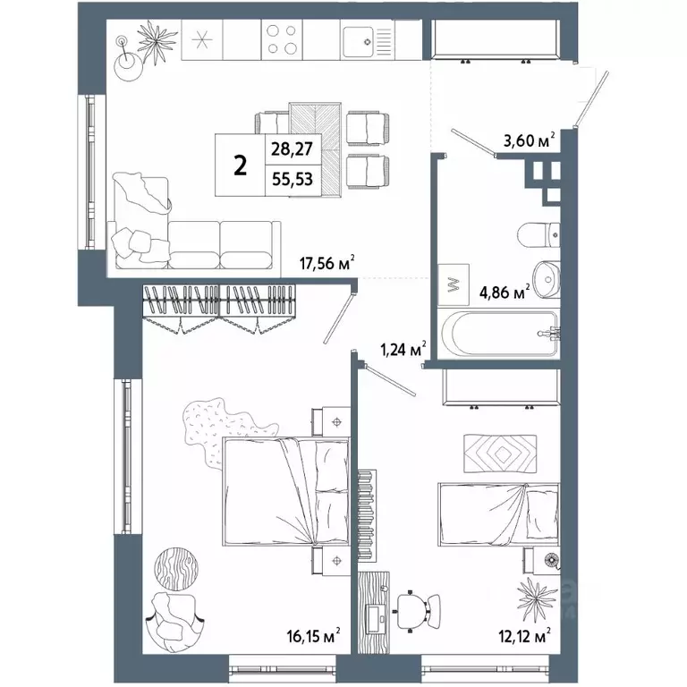 2-к кв. Башкортостан, Уфа 42-й кв-л,  (55.37 м) - Фото 1