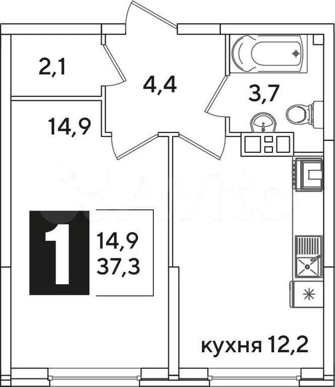 1-к. квартира, 37,3м, 5/16эт. - Фото 1