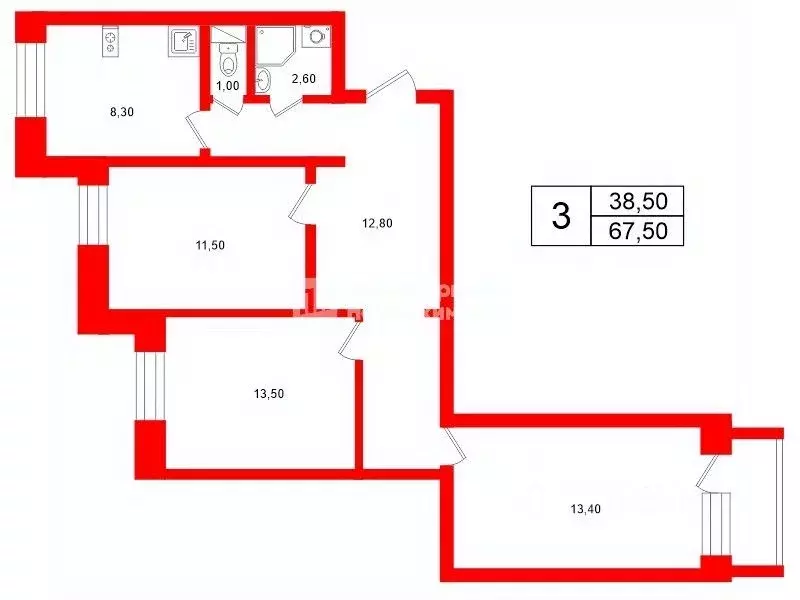 3-к кв. Санкт-Петербург ул. Козлова, 39К3 (67.5 м) - Фото 2