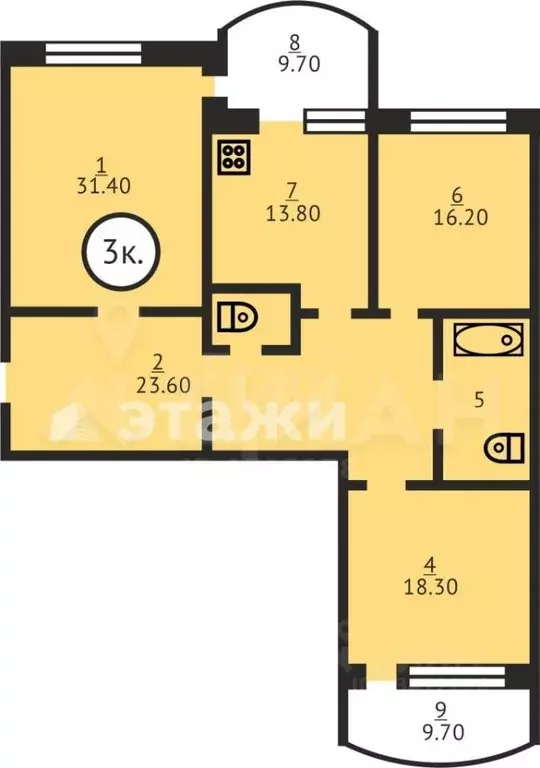 3-к кв. Тверская область, Тверь ул. Михаила Румянцева, 12к1 (66.5 м) - Фото 2