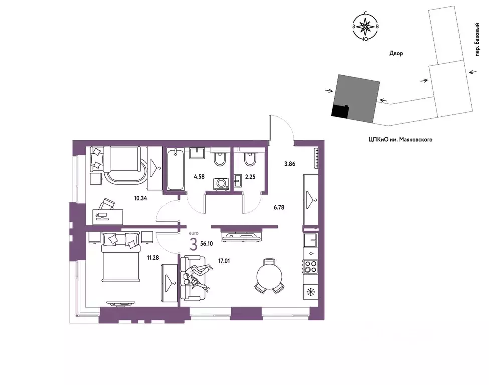 3-к кв. Свердловская область, Екатеринбург пер. Базовый, 10 (56.1 м) - Фото 1