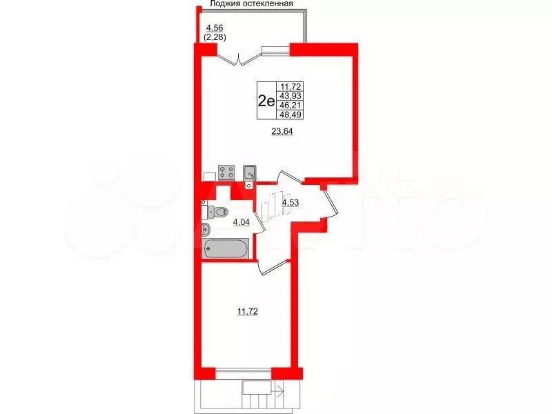 1-к. квартира, 46,2 м, 1/6 эт. - Фото 1