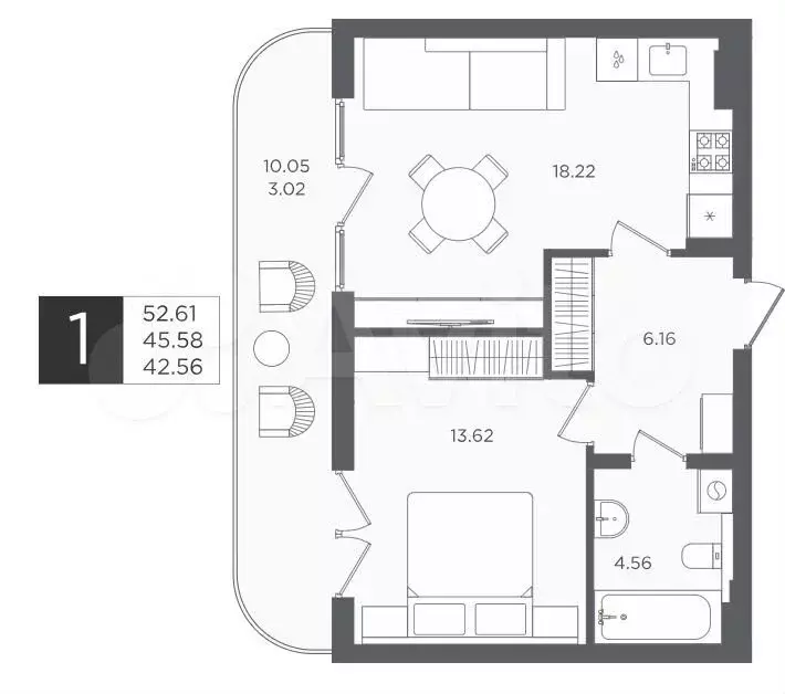 1-к. квартира, 45,6 м, 3/4 эт. - Фото 1