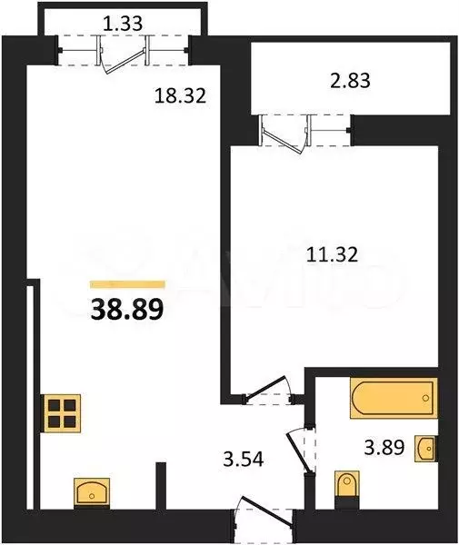 1-к. квартира, 38,9 м, 9/9 эт. - Фото 1