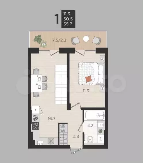 1-к. квартира, 50,5 м, 1/4 эт. - Фото 1