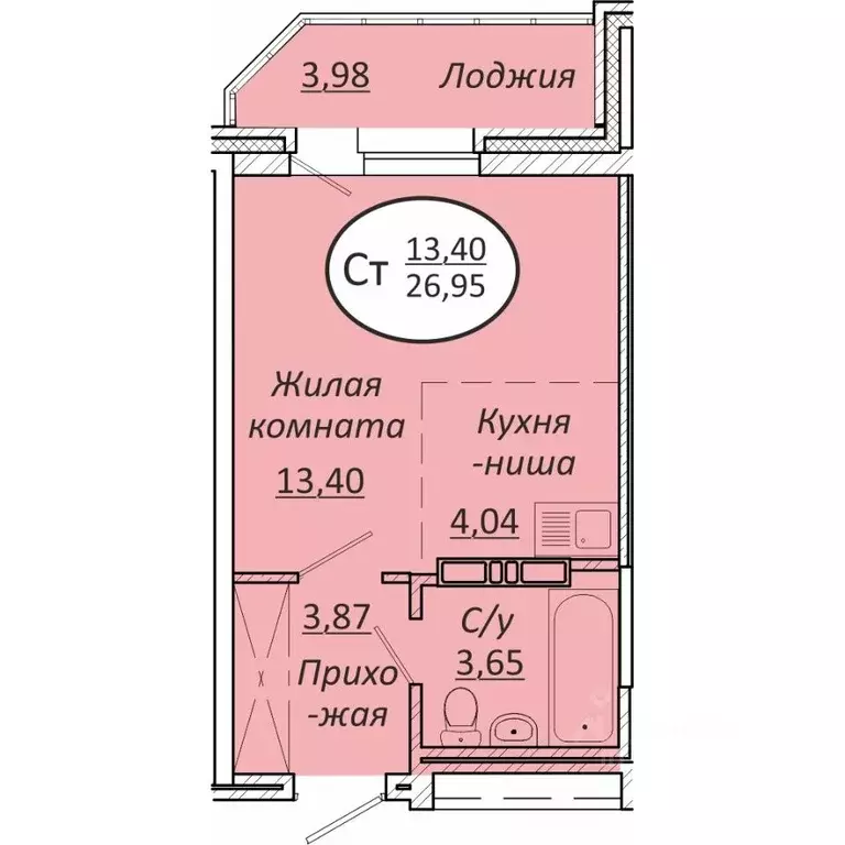Студия Новосибирская область, Новосибирск  (26.95 м) - Фото 0