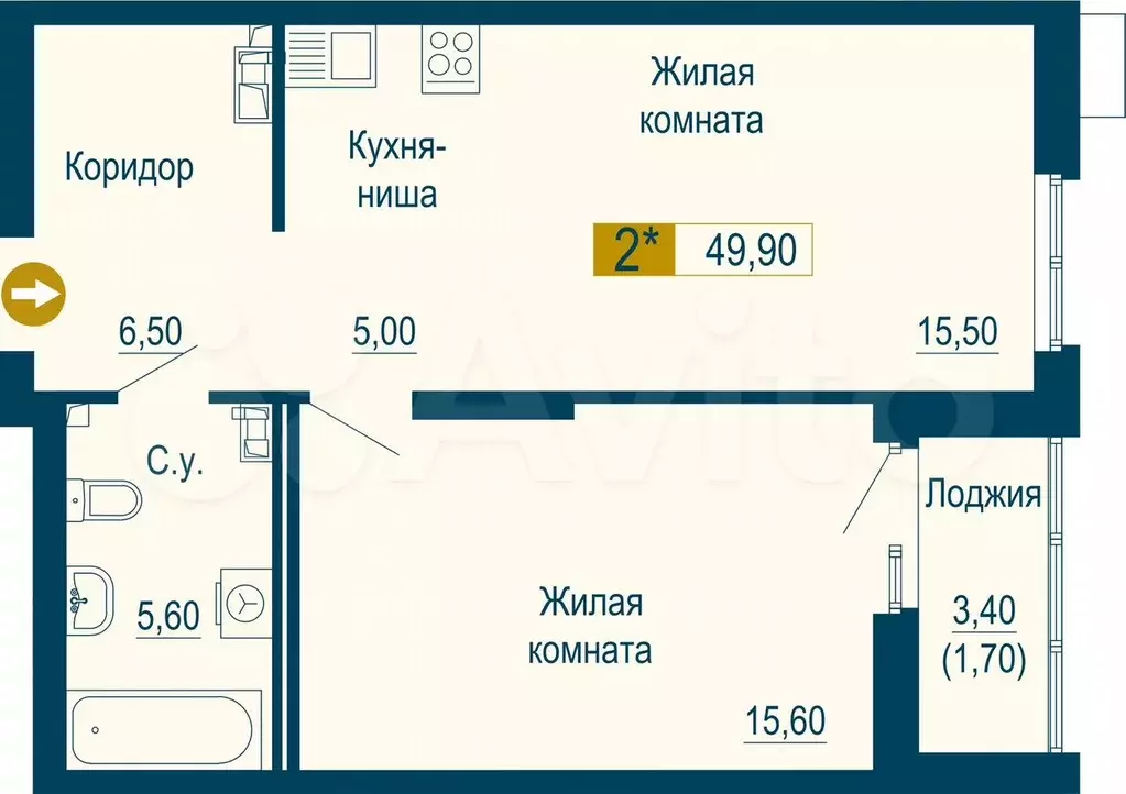 1-к. квартира, 49,9 м, 6/16 эт. - Фото 0