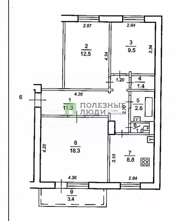 3-к. квартира, 65,4 м, 2/9 эт. - Фото 0