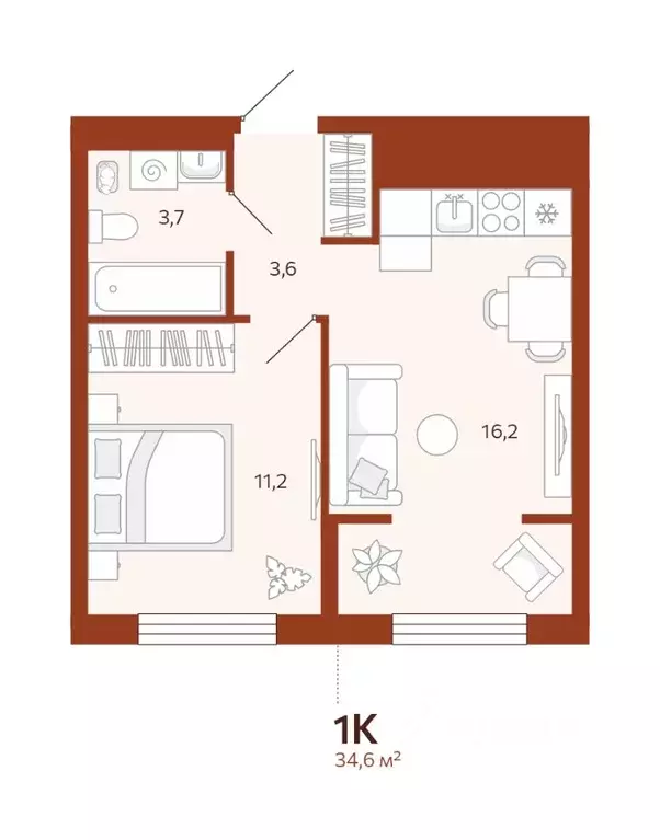 1-к кв. Тюменская область, Тюмень  (34.63 м) - Фото 0