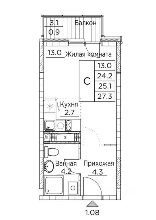 Студия Приморский край, Владивосток ул. Расула Гамзатова, 7к2 (27.3 м) - Фото 0