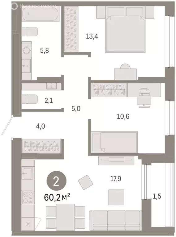 3-комнатная квартира: Тюмень, улица Республики, 205к1 (60.8 м) - Фото 1