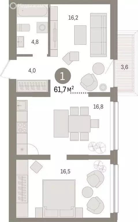 1-комнатная квартира: Тюмень, Мысовская улица, 26к1 (61.65 м) - Фото 1