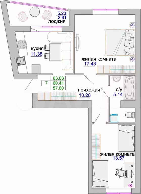 2-к. квартира, 60,6 м, 3/9 эт. - Фото 1