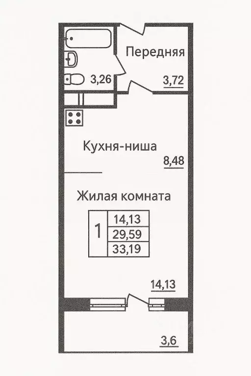 Студия Московская область, Щелково Богородский мкр, 1 (33.0 м) - Фото 2