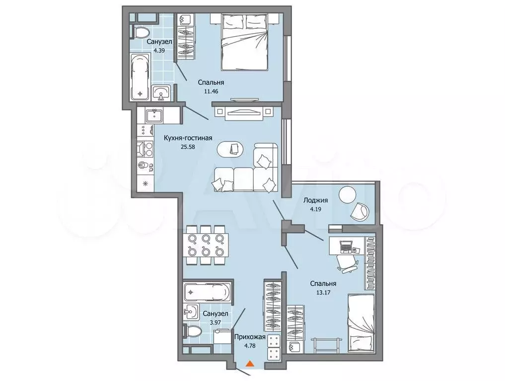 2-к. квартира, 65 м, 1/9 эт. - Фото 0