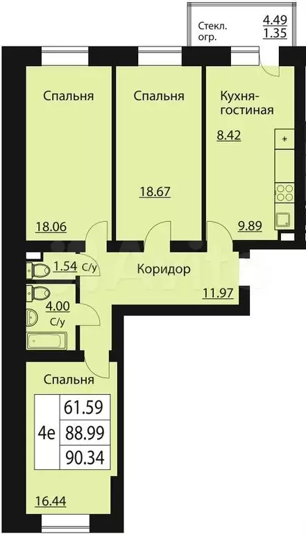 3-к. квартира, 90 м, 6/7 эт. - Фото 0