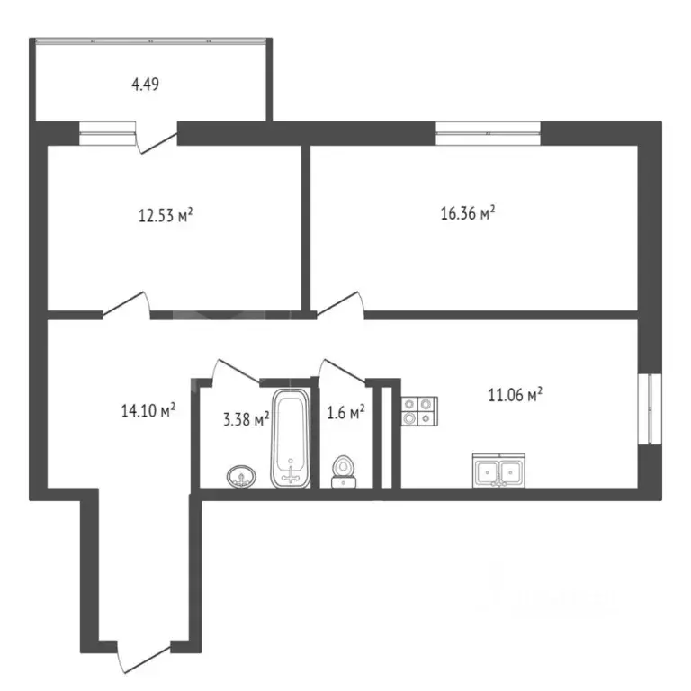 2-к кв. Тюменская область, Тюмень ул. 2-я Луговая, 24к2 (63.0 м) - Фото 2