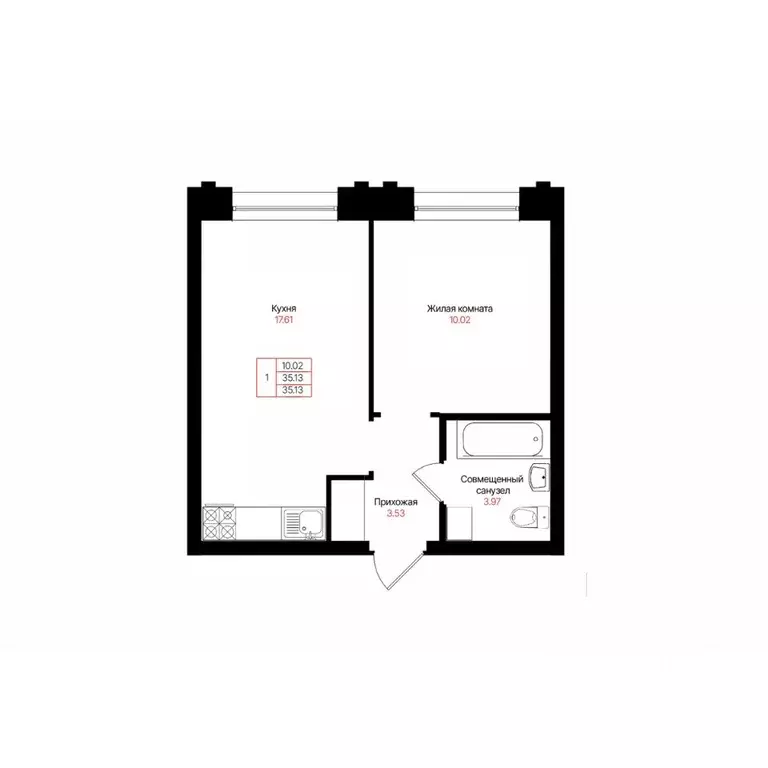 1-к кв. Татарстан, Казань Лето жилой комплекс (35.13 м) - Фото 2