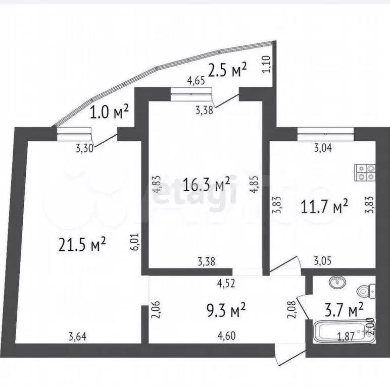2-к. квартира, 63,9 м, 3/9 эт. - Фото 0