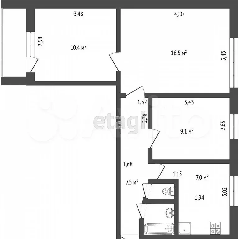 3-к. квартира, 53,9 м, 6/9 эт. - Фото 0