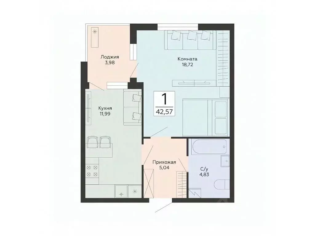 1-к кв. Воронежская область, Воронеж ул. Туполева, 5Н (42.57 м) - Фото 0