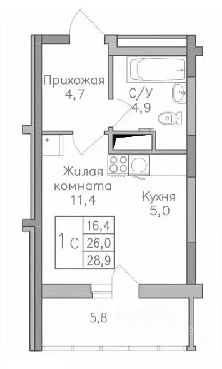 Студия Воронежская область, Воронеж Поколение жилой комплекс (28.8 м) - Фото 0