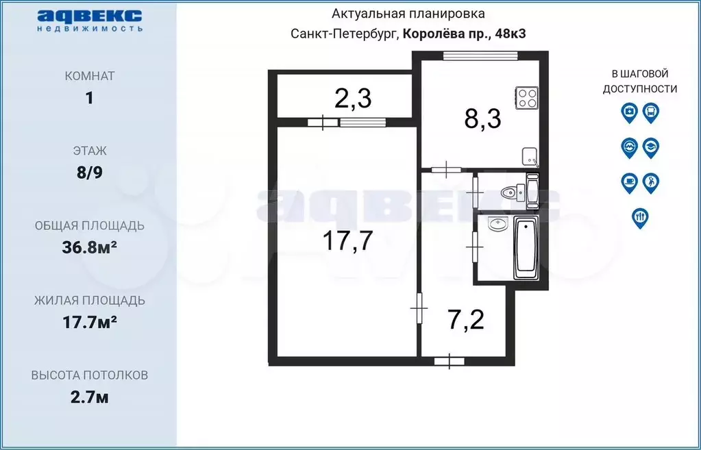 1-к. квартира, 36,8 м, 8/9 эт. - Фото 0