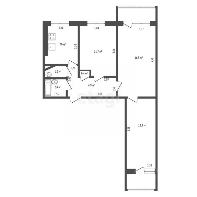 3-к кв. Башкортостан, Уфа ул. Рабкоров, 5/1 (62.4 м) - Фото 1