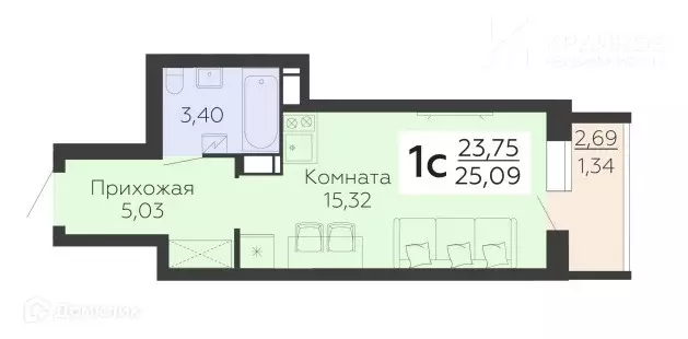 Продаётся квартира-студия, 25.09 м - Фото 1