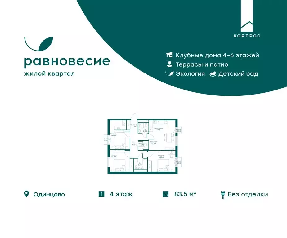 4-комнатная квартира: село Перхушково, микрорайон Равновесие, 4 (83.5 ... - Фото 0