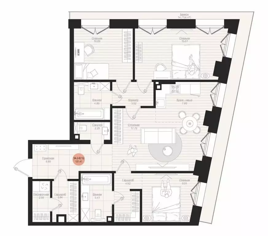 3-комнатная квартира: Казань, ЖК Яналиф (101.41 м) - Фото 2