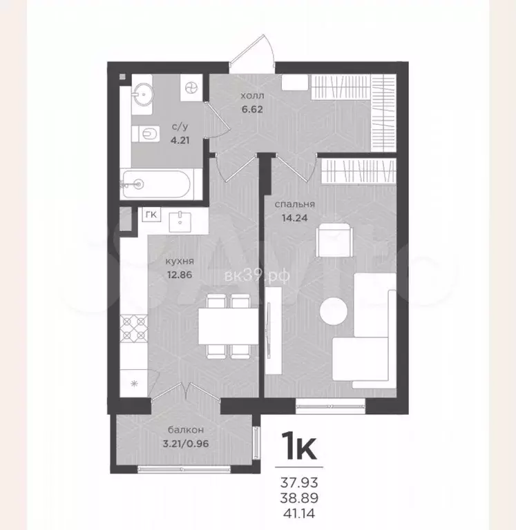 1-к. квартира, 38,9 м, 1/4 эт. - Фото 1