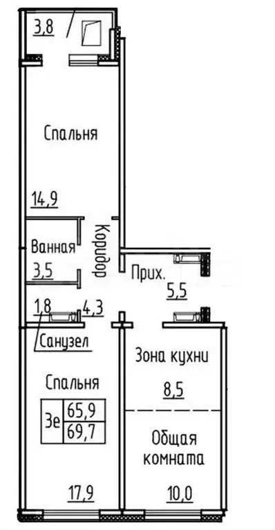 3-к. квартира, 69,7 м, 4/8 эт. - Фото 0