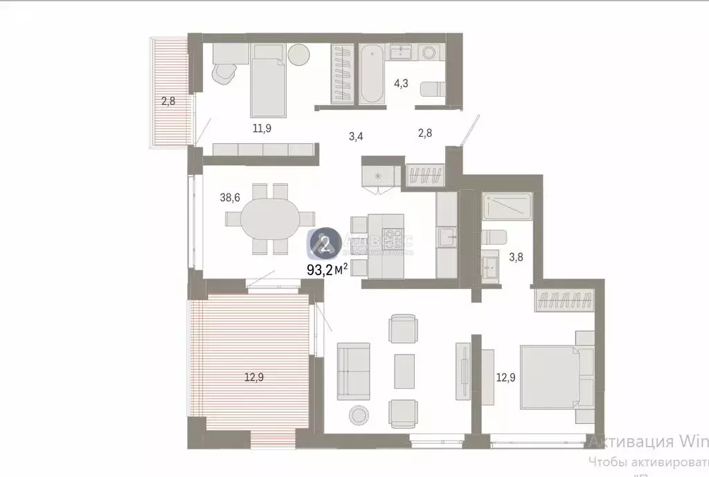 2-комнатная квартира: Тюмень, улица Республики, 205к3 (93.18 м) - Фото 0