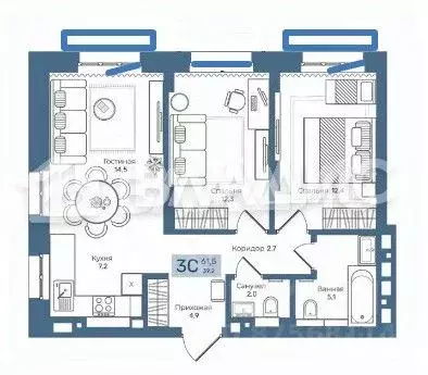 2-к кв. Новосибирская область, Новосибирск ул. Никитина, 67 (61.4 м) - Фото 1